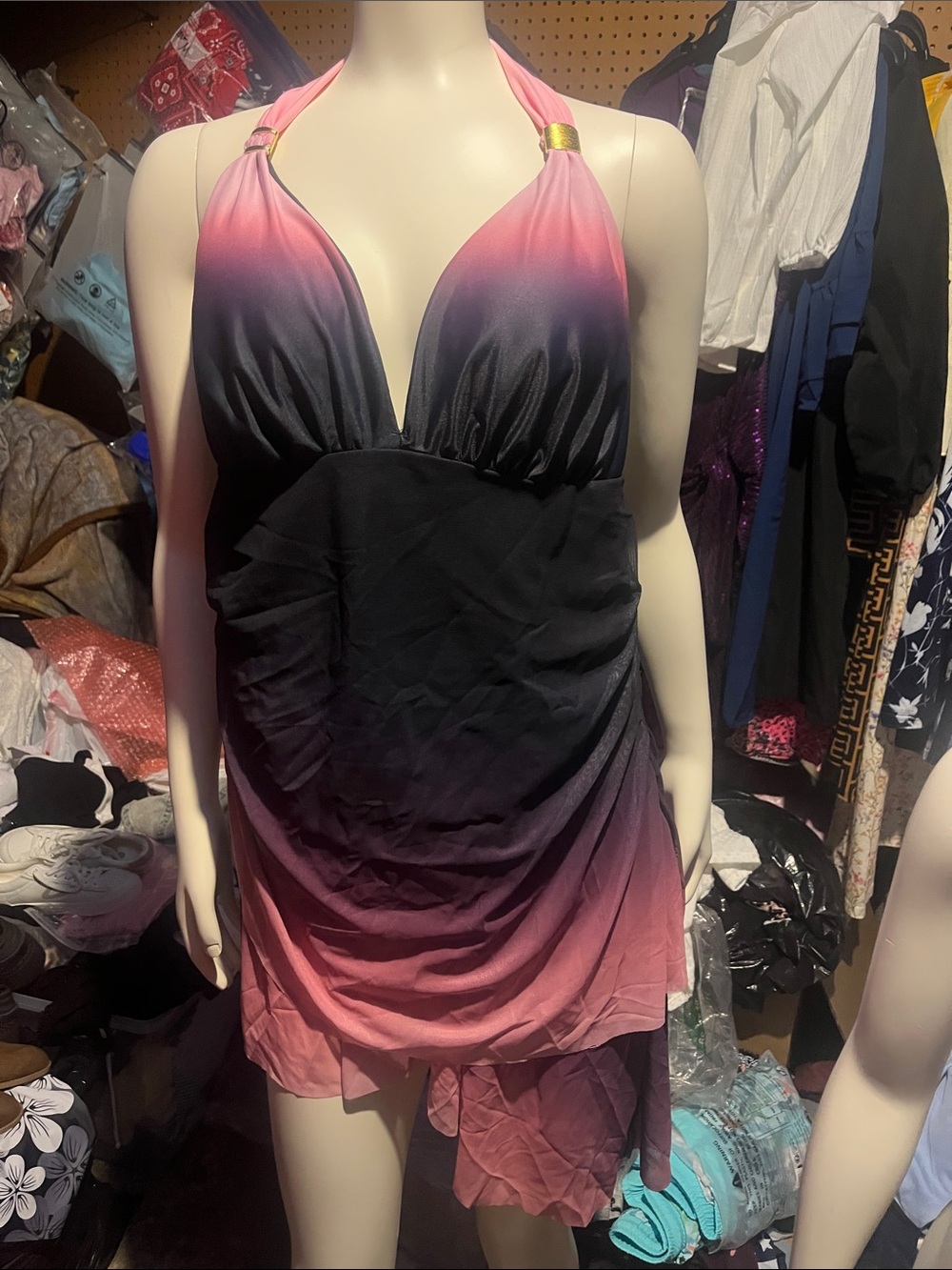 Gradient Pink to Black Halter Swimdress